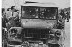 The bullet-riddled truck in which four United Nations Command soldiers — two Americans and two South Koreans — were killed in an ambush at the Korean DMZ in April, 1968.