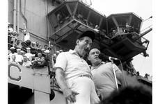 Bob Hope and Jerry Colonna during the 1965 Christmas show aboard the USS Ticonderoga.