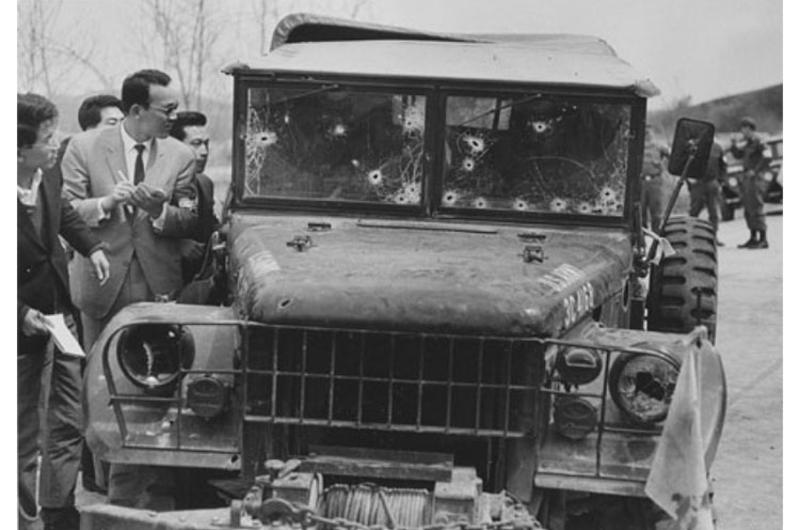 The bullet-riddled truck in which four United Nations Command soldiers — two Americans and two South Koreans — were killed in an ambush at the Korean DMZ in April, 1968.
