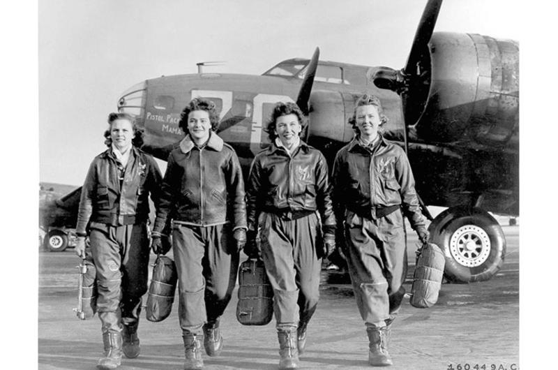Female pilots, from left, Frances Green, Margaret (Peg) Kirchner, Ann Waldner and Blanche Osborn, walk from their aircraft at Lockbourne Army Air Force Base in Ohio during World War II.