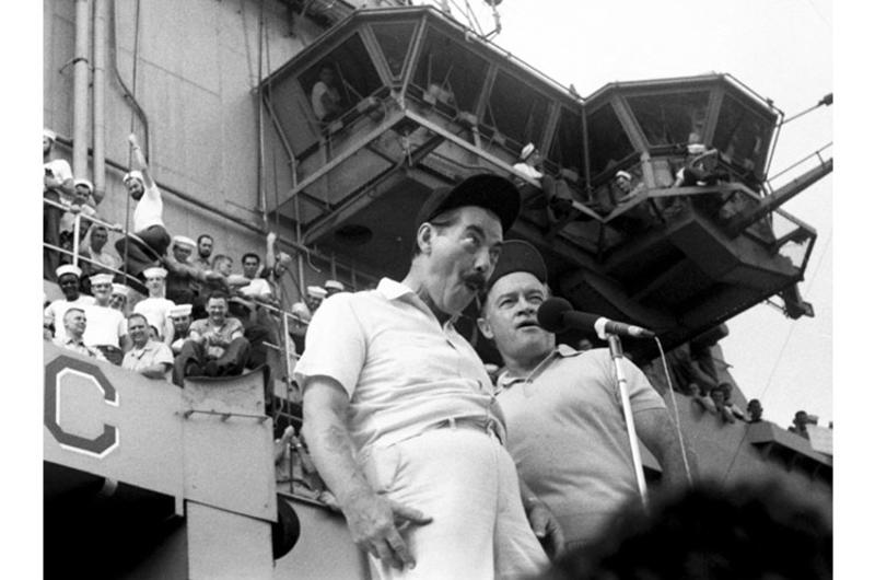 Bob Hope and Jerry Colonna during the 1965 Christmas show aboard the USS Ticonderoga.