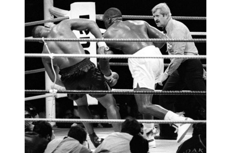 James "Buster" Douglas finishes off Mike Tyson in the 10th round of their fight at the Tokyo Dome.