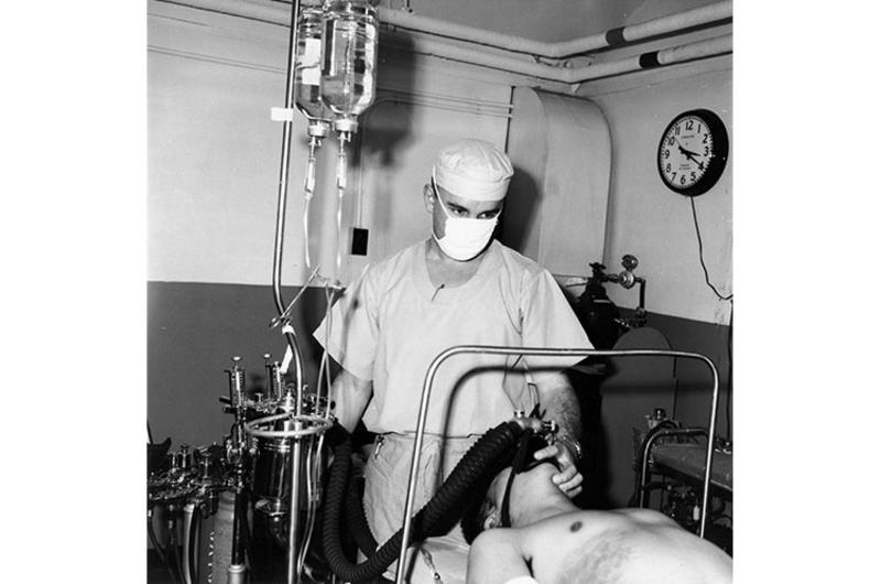 Anesthesia - Capt. William Rouman administers oxygen to a patient under anesthesia just before an operation. With six doctors, 10 nurses and 78 enlisted men, the 44th Surgical Hospital (Mobile Army) administers sick call to a daily average of 100 persons from the 1st Cavalry Division and other U.S. and U.N. forces in Korea.