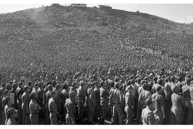 Thousands of soldiers attending the Bob Hope Show at Pleiku Headquarters.